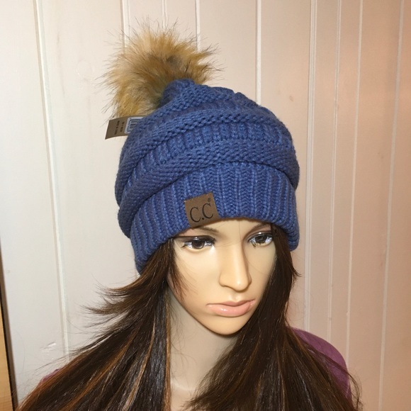NEW DENIM BLUE POM POM BEANIE - Picture 2 of 5
